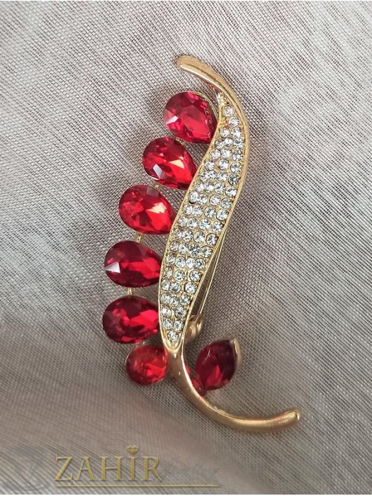 Дамски бижута - Симпатична брошка с големи червени и малки бели кристали на златиста основа, размер 6 на 2 см, прецизна изработка - B1354